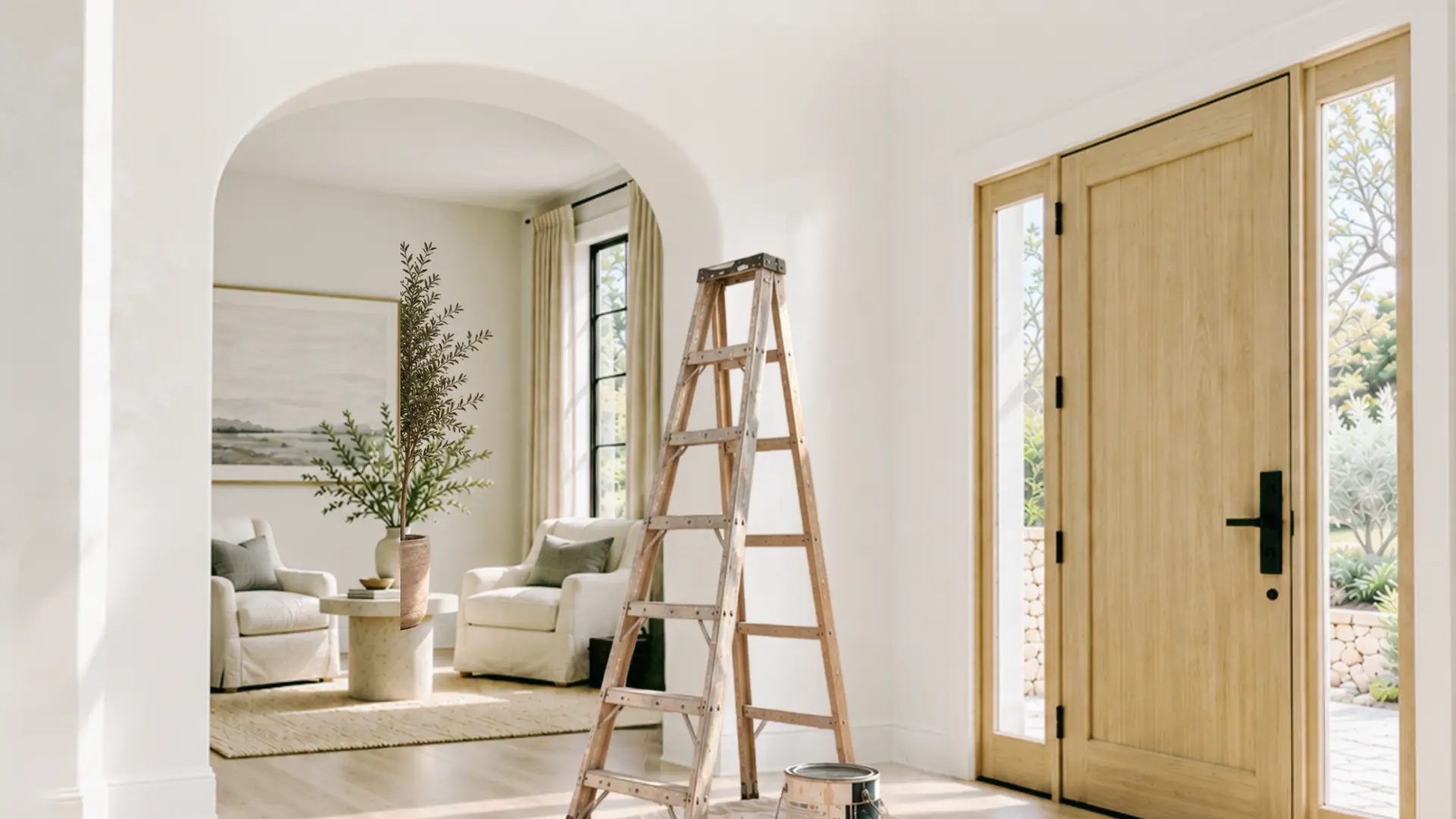 A ladder and paint supplies in a bright home being prepared for sale
