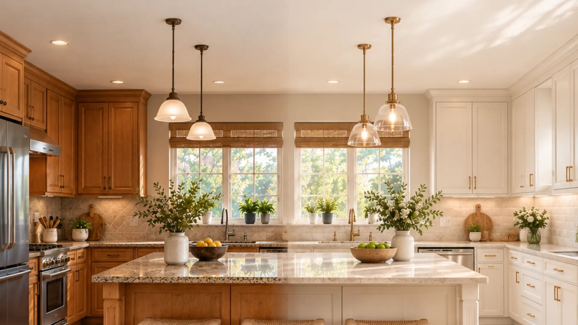 A renovated kitchen with an island and pendant lighting